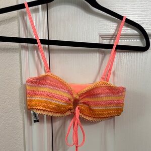Striped Crochet Tie-Front Bikini Top - Pink/Orange